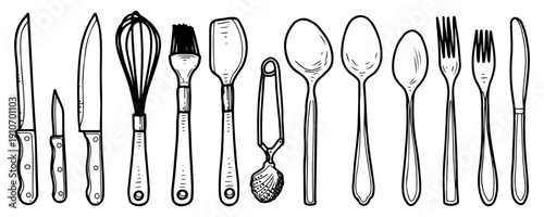 Large set cutlery and cooking accessories. Sketch vector hand drawn. Whisk, knives, spoons, teaspoons, forks. Silicone brush and spatula. Kitchen utensils. Engraved graphic art illustration.