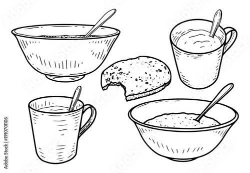 Set of bowls and mugs. Hand drawn vector sketch. Deep full plate with spoon. Ceramic mug with hot drink. Bitten piece of bread. Lunch or breakfast food. Engraved graphic art illustration.