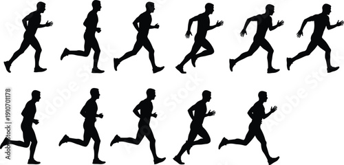 Collection of male runner silhouettes in motion sequence isolated on white background, athletic jogging and sprinting poses, fitness training, marathon sport activity concept illustration