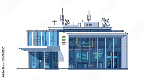 Modern data center building with visible servers, cables, and communication antennas on the roof.