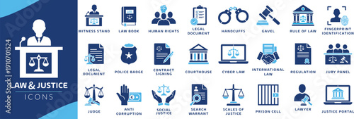 Law and justice icon set. Government and Politics icon set featuring legal symbols, court elements and judicial concepts suitable for legal websites, law firms, apps and infographic design