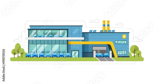 Modern electric car manufacturing plant with charging stations and a showroom displaying new vehicles.