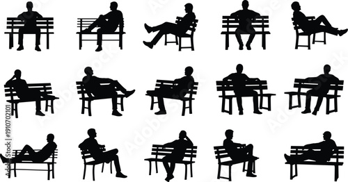 Collection of people sitting on park benches in various relaxed poses isolated silhouette set for urban lifestyle and public space design illustration bundle