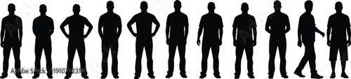 Collection of male human silhouettes in various standing poses isolated on white background for design, presentation, branding, and character reference use vector illustration set