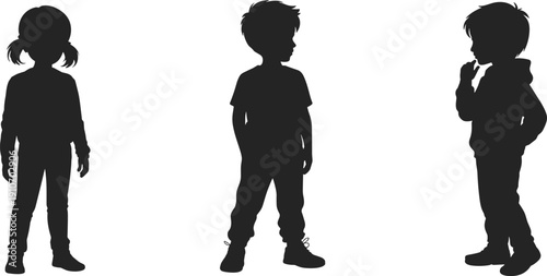 Black silhouette vector illustration of three diverse children standing in various poses including a girl with pigtails and boys in casual clothing.