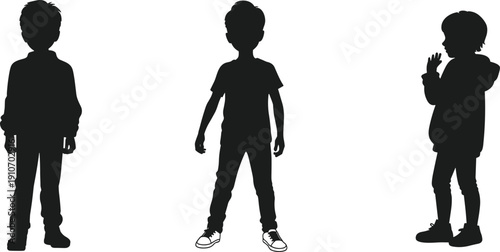 Collection of black silhouettes depicting three young boys in casual outfits, including a t-shirt, jacket, and hoodie, standing in various expressive poses.
