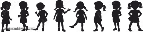 Collection of cute little girl silhouettes in various playful poses, standing, walking, and gesturing, isolated on white background for vector graphic design projects.