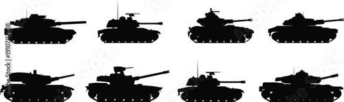 Collection of eight military tank silhouettes on white background featuring various armored battle vehicles and heavy war machinery for defense and combat design projects.