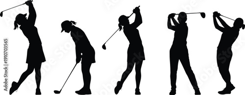 Detailed black silhouette collection of female golfers in various swing poses, professional athletes playing golf, isolated vector illustrations on a clean white background for sports design.