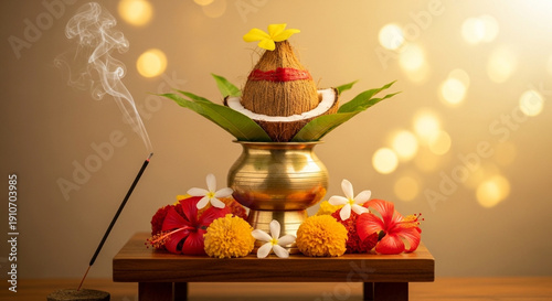 Chaitra Navratri Puja Setup with Brass Kalash and Flowers