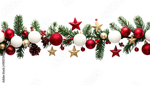 Wallpaper Mural Festive evergreen garland with red, white, and gold ornaments, stars, and berries Torontodigital.ca