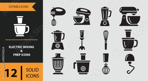 Electric Mixing and Prep Icons solid icon set.Electric mixer appliance solid icons