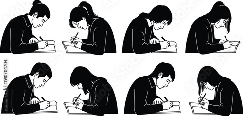Minimalist vector illustration of diverse young students writing in notebooks with pens, black and white stencil art silhouettes of people studying at a desk