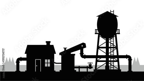 Oil pump silhouette at sunset over industrial sea scene