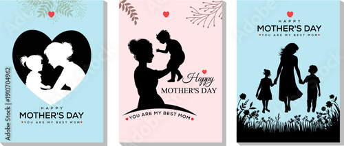 Happy Mothers Day Greeting Card Set Silhouette Mother and Child Illustration Floral Pastel Vertical Banner