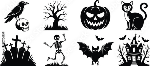 Set of Halloween black silhouette icons with pumpkin skull bat cat skeleton haunted house graveyard spooky vector clipart illustration collection isolated white background