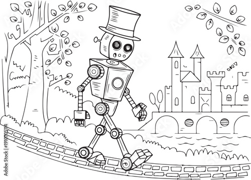 A whimsical black and white line art illustration depicts a robot in a top hat walking on a path towards a castle. Text reads