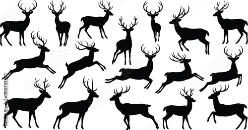 Set of running and jumping deer silhouettes collection with antlers wildlife animal vector illustration icons isolated on white background nature hunting design elements