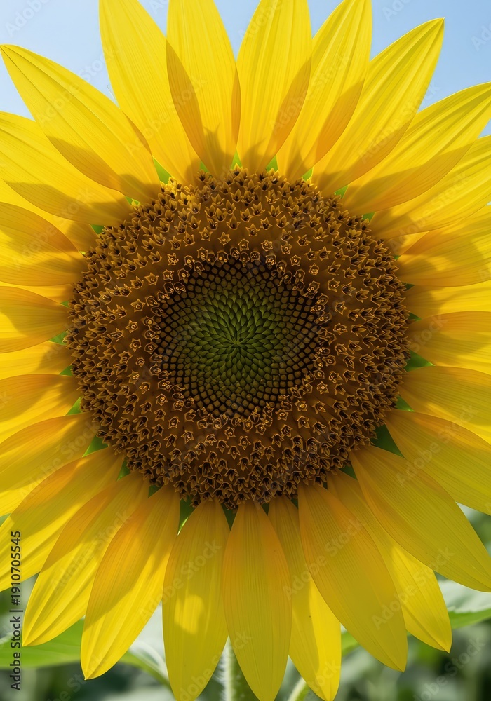 Naklejka premium A vibrant yellow sunflower bloom captured in a sunny field during the warm summer season. The intricate details of the large flower head are clearly visible ,vibrant ,yellow ,environment