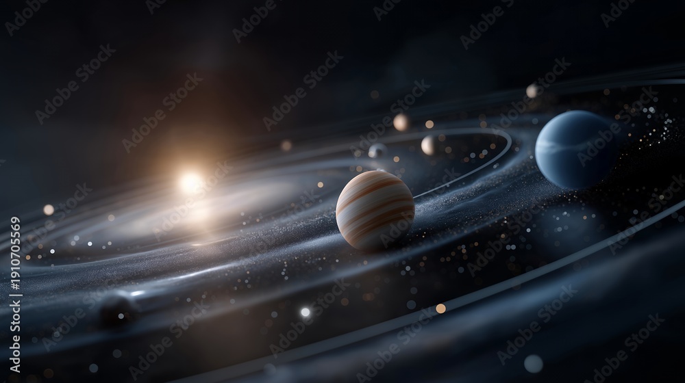 Fototapeta premium Fascinating close-up of an artistic planetary system displaying intricate orbits and vibrant celestial details. A mesmerizing visual with planets in various colors rotating around a radiant star,