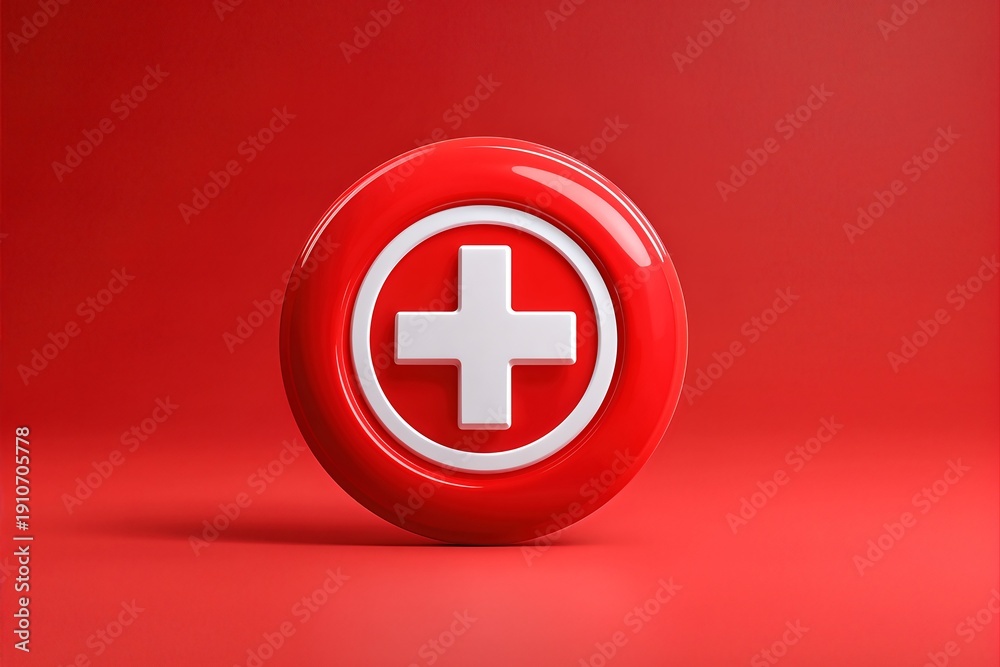 Fototapeta premium Bright red circular icon with white cross design against a solid red background, featuring a modern minimalist aesthetic that emphasizes the symbol's contrast and visual appeal