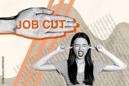 Quadro su tela Banner 3d art pop image collage of inexperienced girl shut ears hand show job cu