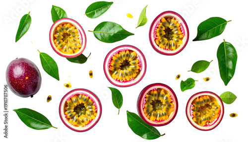 Wallpaper Mural Overhead shot of passion fruit halves, whole fruit, and leaves scattered on black Torontodigital.ca