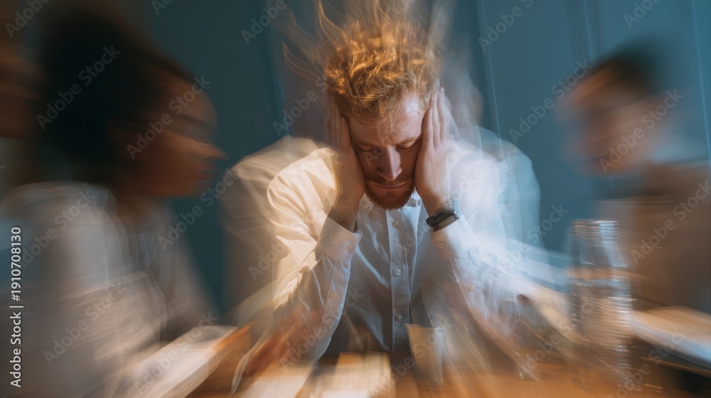 Obraz premium Stress, migraine and motion blur with a business man in a meeting feeling frustrated, tired or overworked. Mental health, anxiety and headache with an exhausted male employee suffering from fatigue