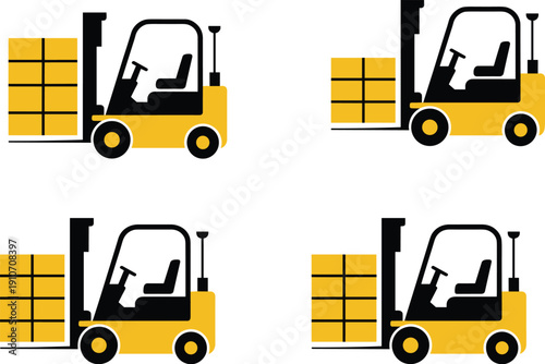 Set of yellow forklift truck icons carrying cargo pallets isolated on white background, warehouse logistics equipment vector illustration for transportation, shipping, and industrial delivery concept