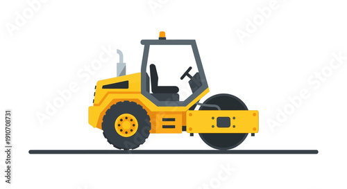 Vibrant Yellow Road Roller Compacting Asphalt on a Construction Site, Symbolizing Efficiency and Progress in Infrastructure Development, Isolated Vector Illustration