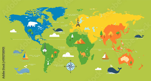 Colorful kids cartoon world map vector, simplified global geography design with animals and landmarks.