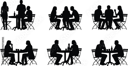 Silhouette Collection of People Sitting at Cafe Tables, Couples and Groups Dining, Meeting and Conversing in Restaurant Scene Vector Illustration Isolated on White Background
