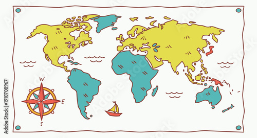 Colorful kids cartoon world map vector, simplified global geography design with animals and landmarks.