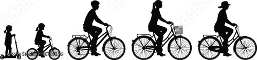 Silhouette illustration showing stages of life from child on scooter to adult cyclists, highlighting growth, family lifestyle, urban mobility and healthy transportation concept