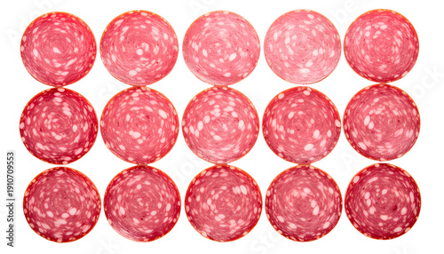 Wallpaper Mural Fifteen circular slices of cured meat, arranged in a grid, isolated on a black background Torontodigital.ca
