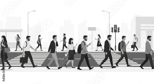 Diverse Crowd of People Crossing Street at Zebra Crossing.