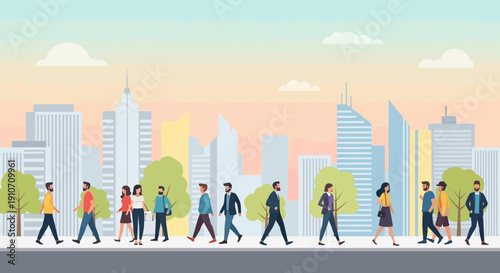 Diverse Crowd Walking in Cityscape Illustration 1.