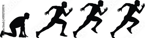 Silhouette sequence of male sprinter running from start position to full sprint, dynamic athletic motion stages isolated on white background, fitness training concept illustration
