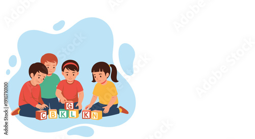 Children playing with alphabet blocks together indoors.