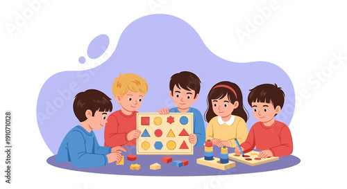 Children playing with educational toys and learning shapes.