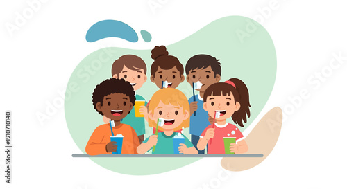 Diverse Group of Happy Children Holding Colorful Drinks.