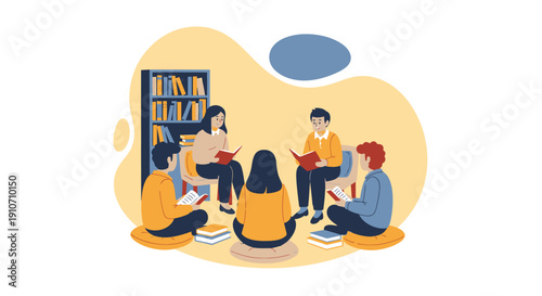 Diverse group of people reading books together in a circle.