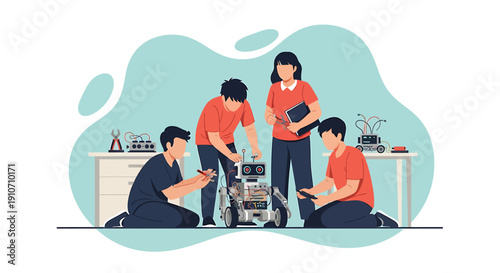 Diverse group of students working together on a robot project.