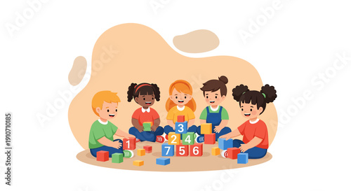 Diverse group of young children playing together with colorful building blocks.