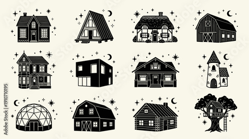 Diverse vector collection of architectural styles, featuring charming homes, cabins, barns, and unique dwellings like geodesic domes and treehouses, adorned with celestial elements