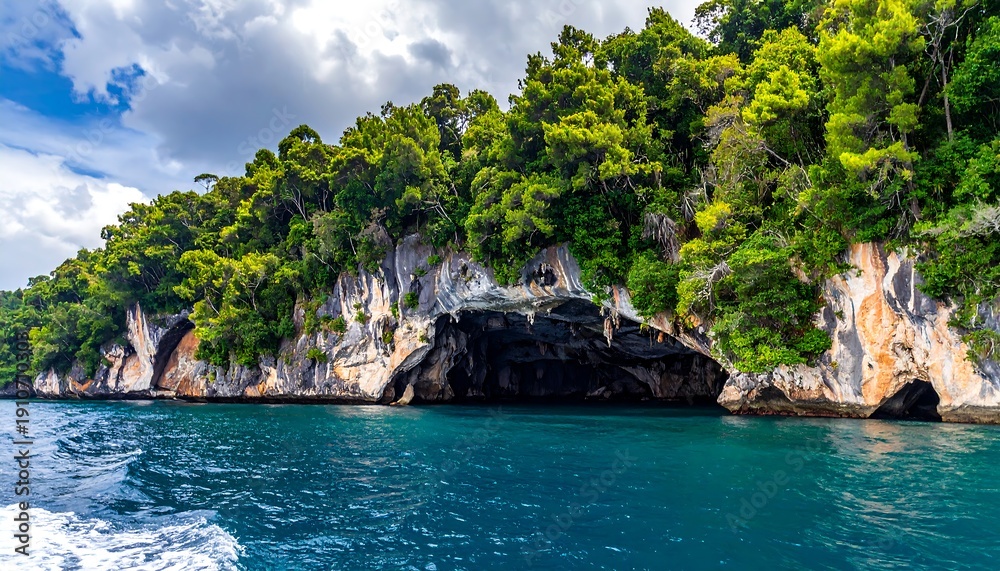 Fototapeta premium Bako National Parks Coastal Beauty - Caves and Lush Greenery.