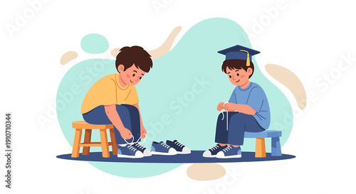 Two young boys learning to tie their shoelaces together.