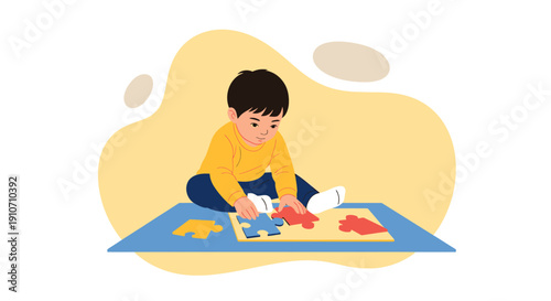 Young boy focused on assembling a colorful puzzle on the floor.
