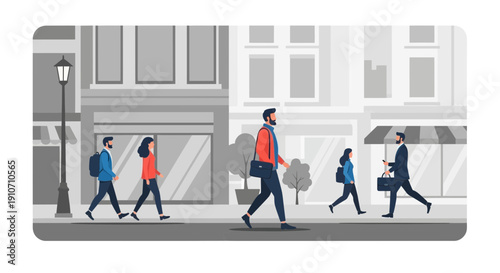 Diverse group of people walking on a city street illustration.