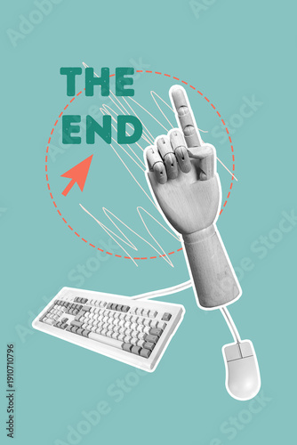 Принти на полотні Vertical poster image art collage of wooden hand point index gesture the end qwe